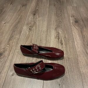 Women's Burgundy Patent Mary Jane Flats with Eyelet Strap